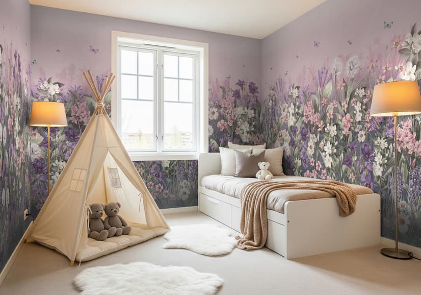 Soft Blooming Floral Meadow  Kids Wallpaper