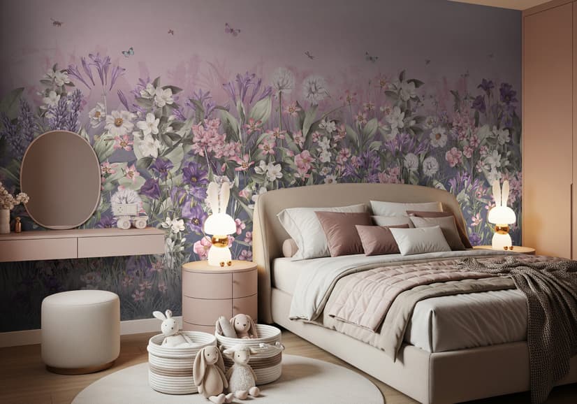 Soft Blooming Floral Meadow  Kids Wallpaper