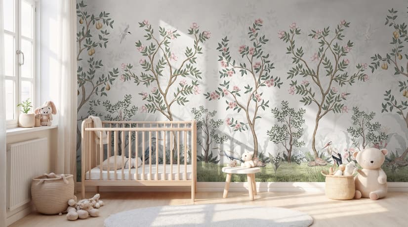 Chinoiserie Garden Trees And Birds Landscape Wallpaper Mural
