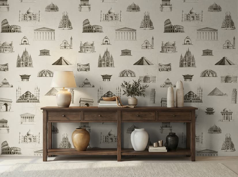Vintage World Architecture Sketch Wallpaper Mural