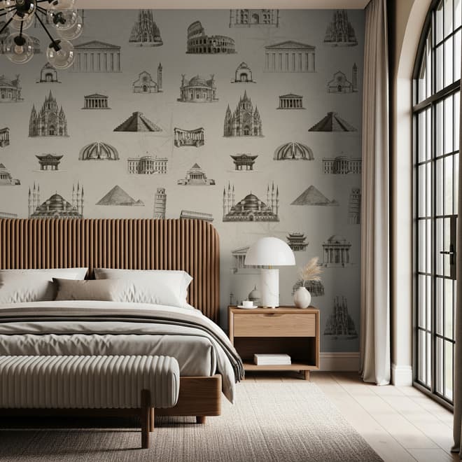 Vintage World Architecture Sketch Wallpaper Mural