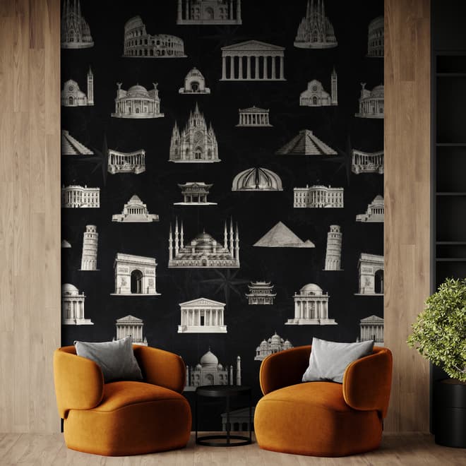 Vintage World Architecture Sketch Wallpaper Mural