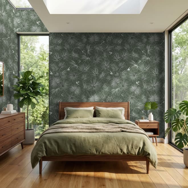 Tropical Palm Leaf and Birds Wallpaper Mural