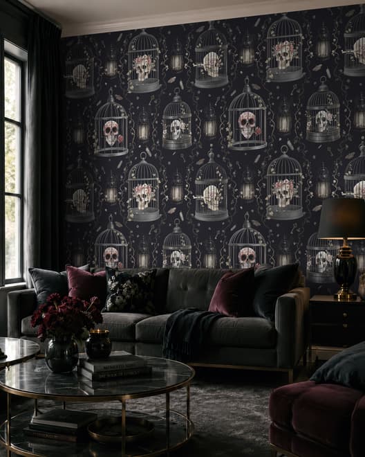 Dark Romantic  Gothic Skull Cage Wallpaper Mural 