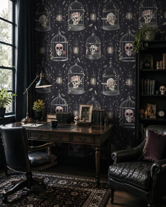 Dark Romantic  Gothic Skull Cage Wallpaper Mural 