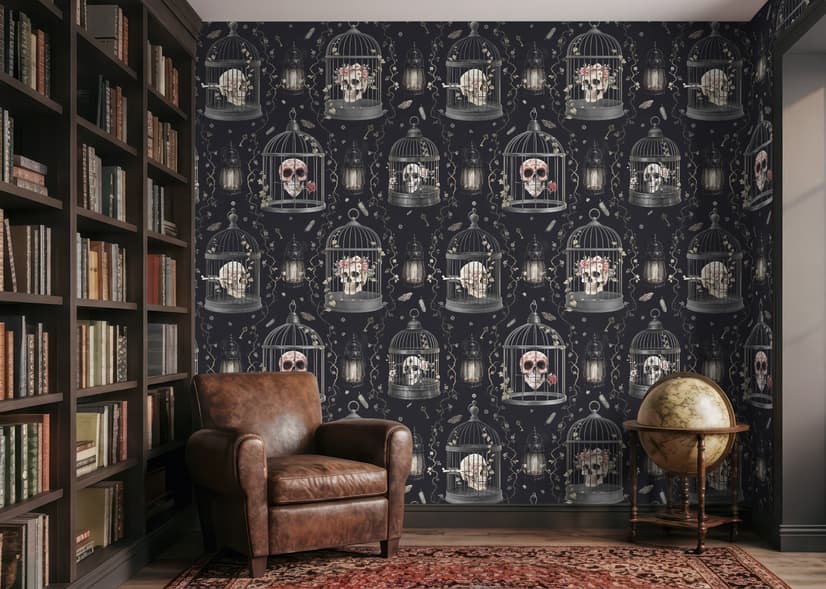 Dark Romantic  Gothic Skull Cage Wallpaper Mural 