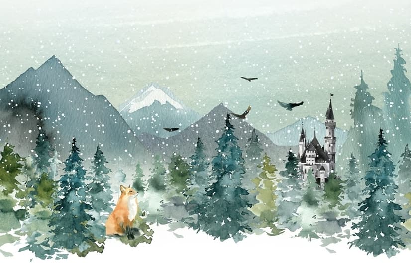Watercolor Winter Landscape and Fox Wallpaper Mural