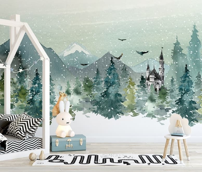 Papier peint paysage d'hiver aquarelle et renard