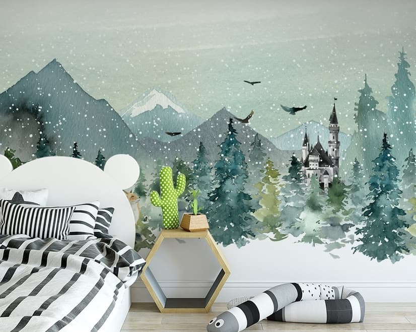 Watercolor Winter Landscape and Fox Wallpaper Mural