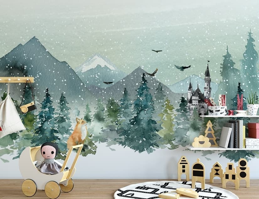 Watercolor Winter Landscape and Fox Wallpaper Mural