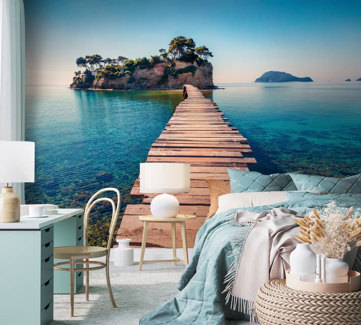 Realistic Sea Landscape with Wood Bridge Wallpaper Mural