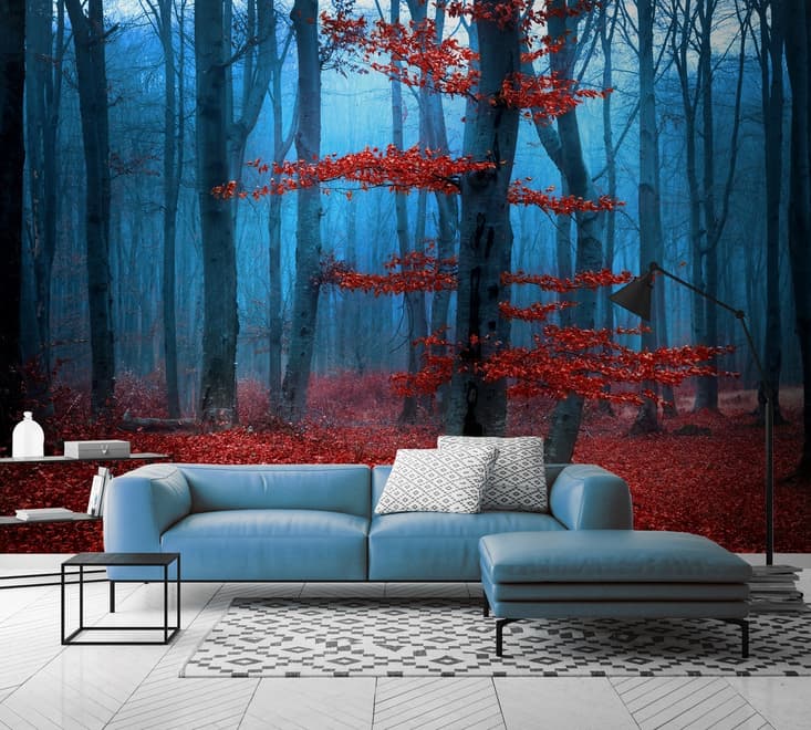 Autumn Forest with Red Leaves Landscape Wallpaper Mural
