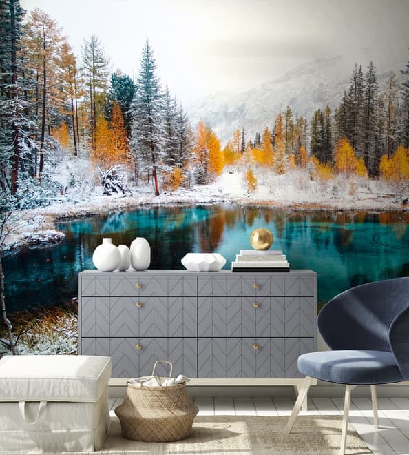 Winter Lake Landscape with Pine Forest Wallpaper Mural