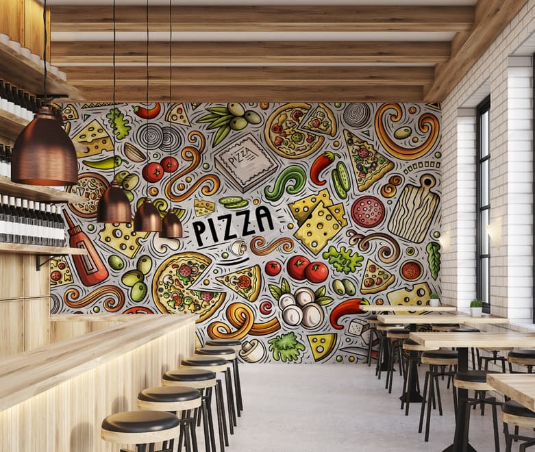 Cartoon Bunte Fast Foods und Pizza Fototapete