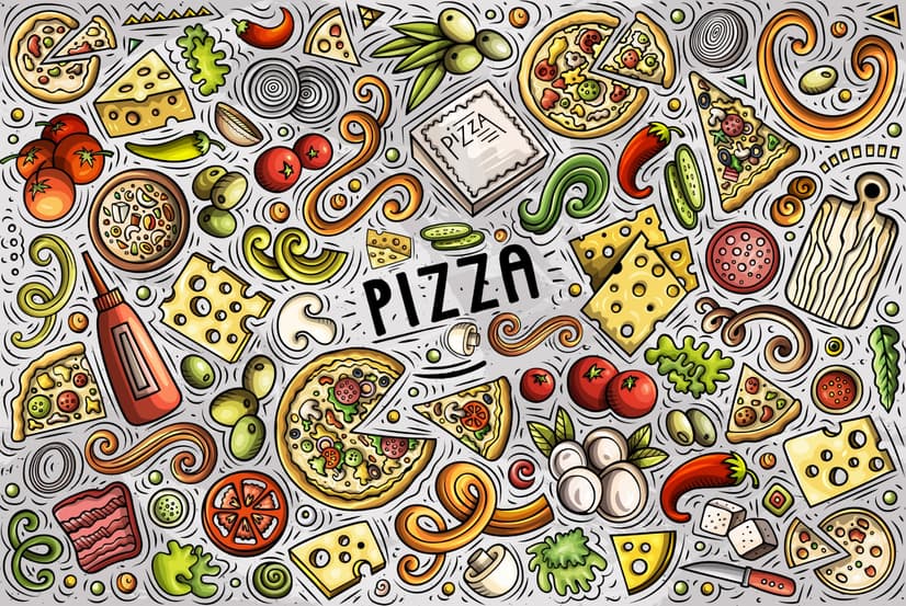 Cartoon Colorful Fast Foods and Pizza Wallpaper Mural
