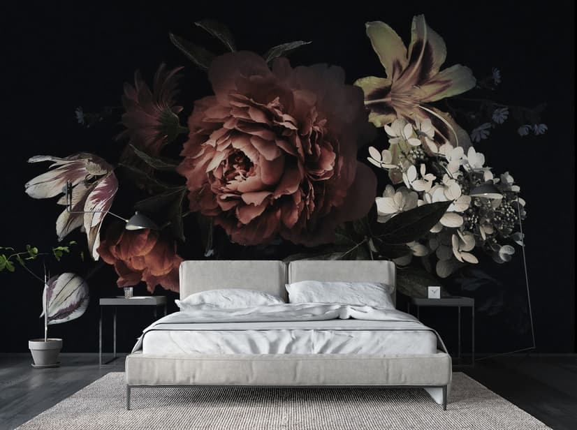 Papier peint panoramique avec pivoines et lys rouges