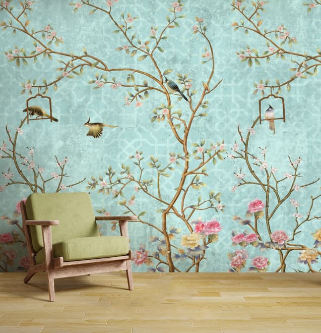 Vintage Kleine Blumen und Vögel Fototapete