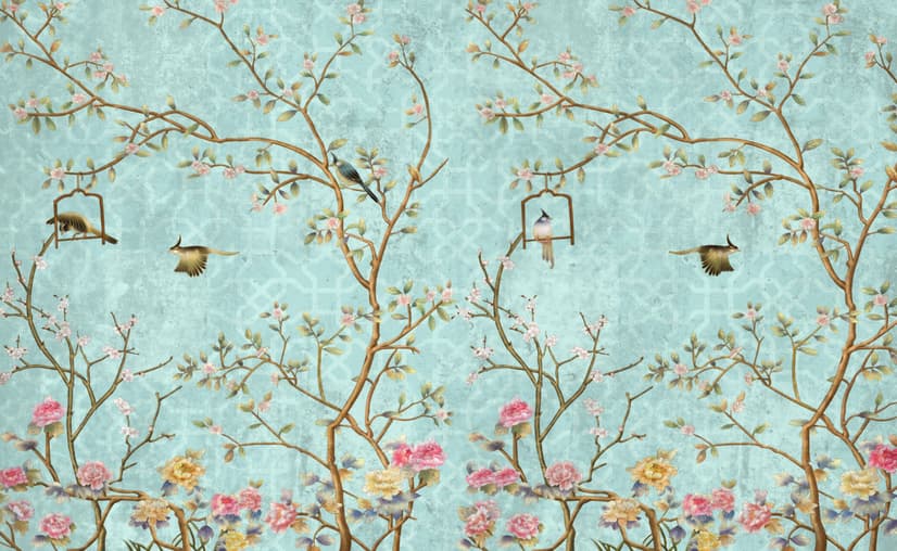 Vintage Kleine Blumen und Vögel Fototapete