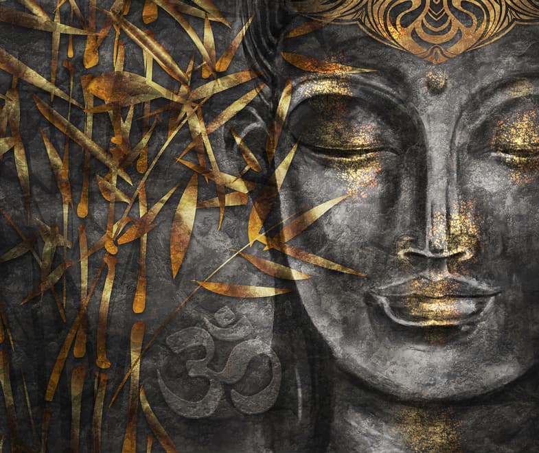3D Look Concrete Buddha Face and Leaves Wallpaper Mural
