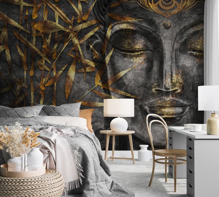 3D Look Concrete Buddha Face and Leaves Wallpaper Mural