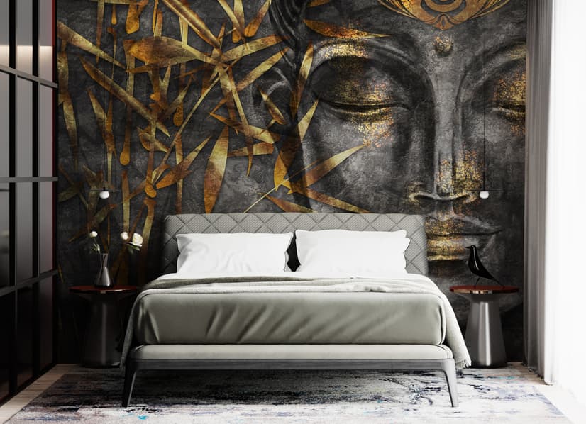 3D Look Concrete Buddha Face and Leaves Wallpaper Mural