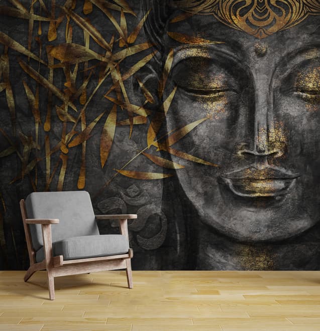 3D Look Concrete Buddha Face and Leaves Wallpaper Mural