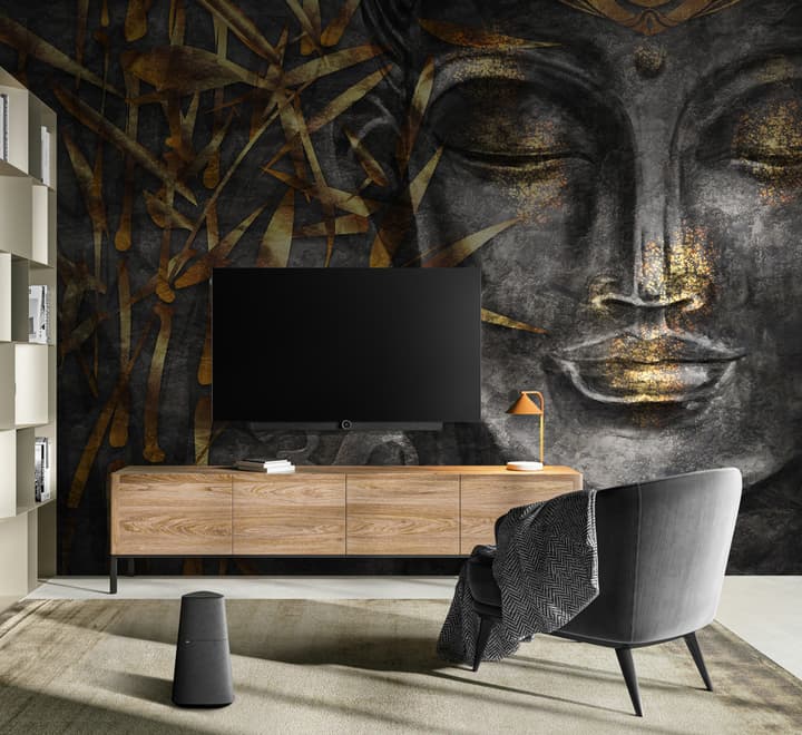 3D Look Concrete Buddha Face and Leaves Wallpaper Mural