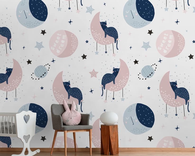 Papier peint panoramique chat mignon dormant sur lune