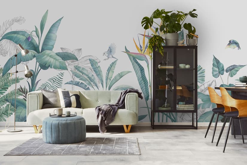 Papier peint feuille banane tropicale oiseau