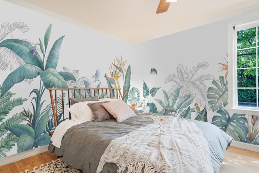 Papier peint feuille banane tropicale oiseau