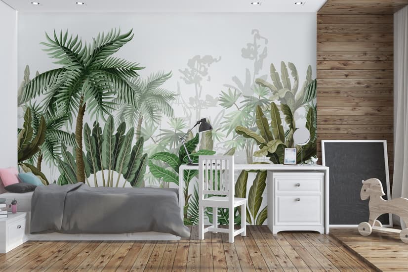 Tropical Cartoon Palm Tree and Banana Leaves Wallpaper Mural