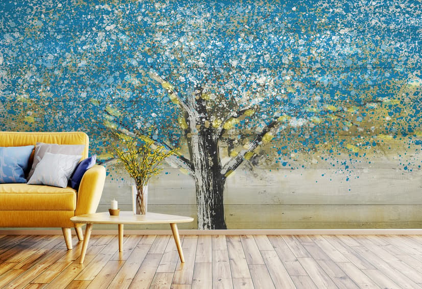 Fototapete im Aquarellstil mit Blauem Baum