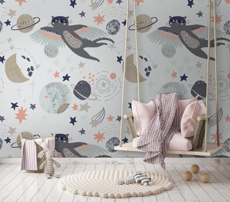 Cat Flying Over The Moon and Stars Wallpaper Mural