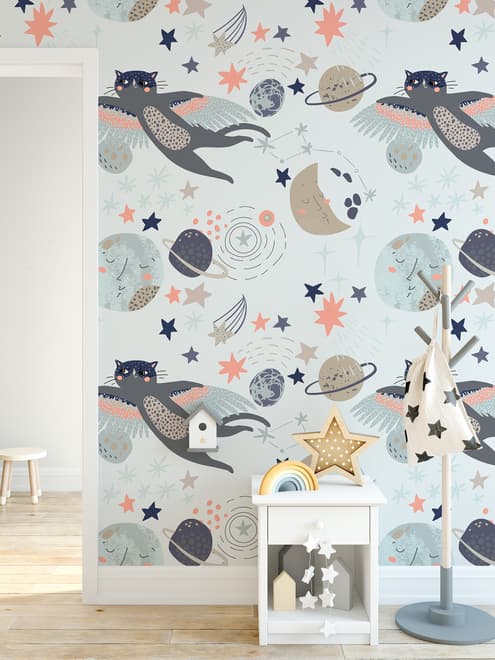 Cat Flying Over The Moon and Stars Wallpaper Mural