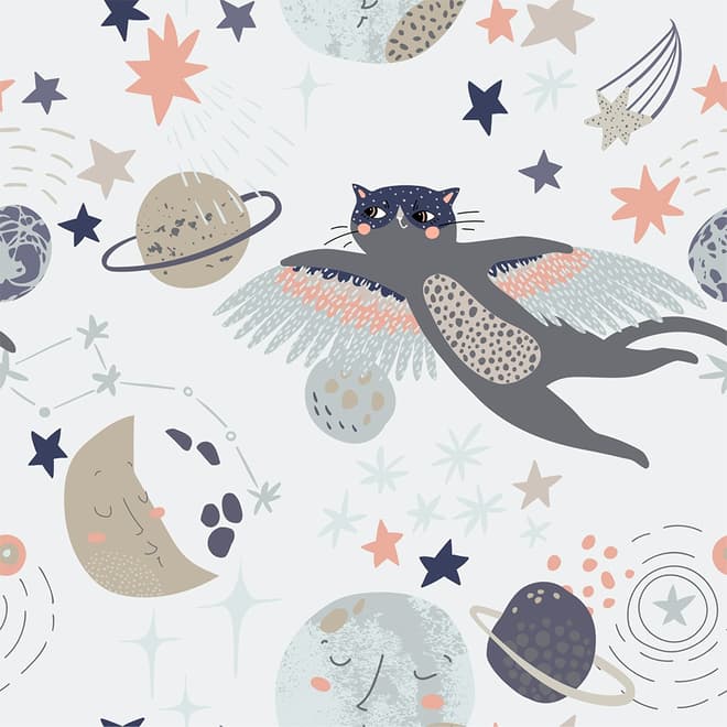 Cat Flying Over The Moon and Stars Wallpaper Mural