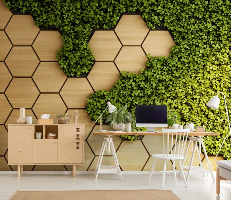 Hexagon Honeycomb Pattern and Fresh Grass Wallpaper Mural