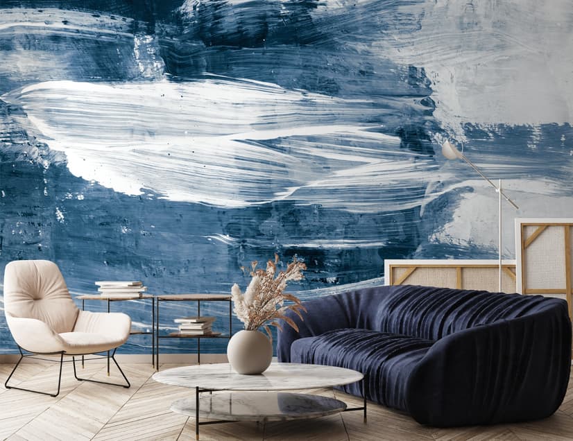 Papier peint panoramique bleu et blanc avec pinceau