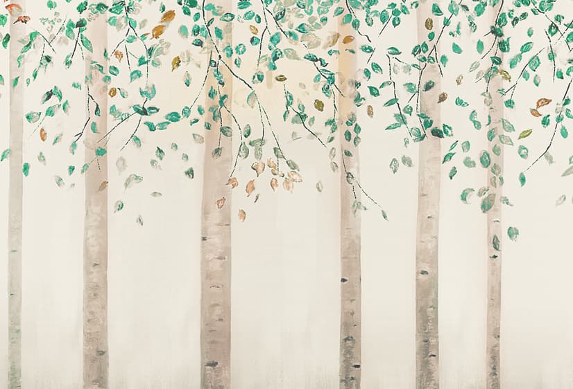 Watercolor Style Forest with Green Brown Little Leaves Wallpaper Mural