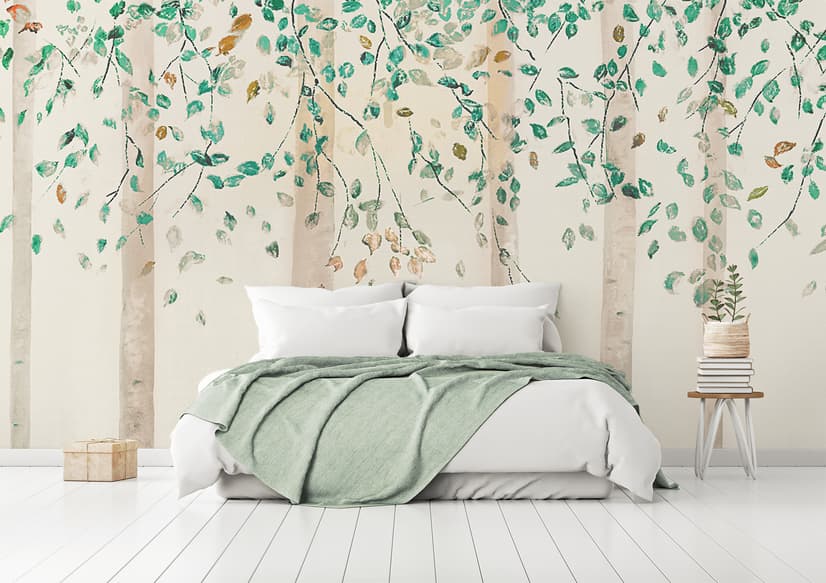Watercolor Style Forest with Green Brown Little Leaves Wallpaper Mural