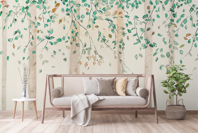 Watercolor Style Forest with Green Brown Little Leaves Wallpaper Mural