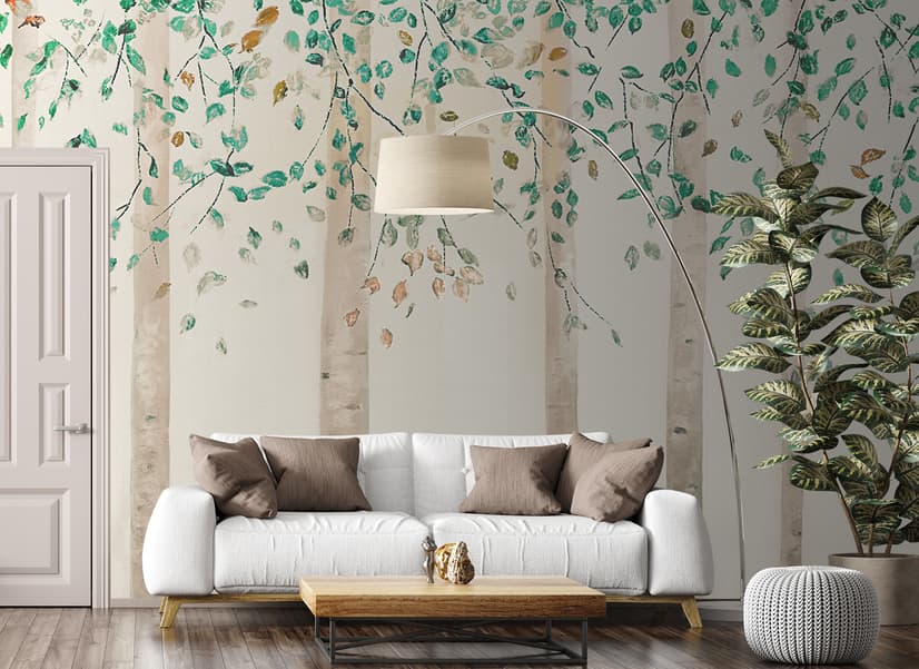 Watercolor Style Forest with Green Brown Little Leaves Wallpaper Mural