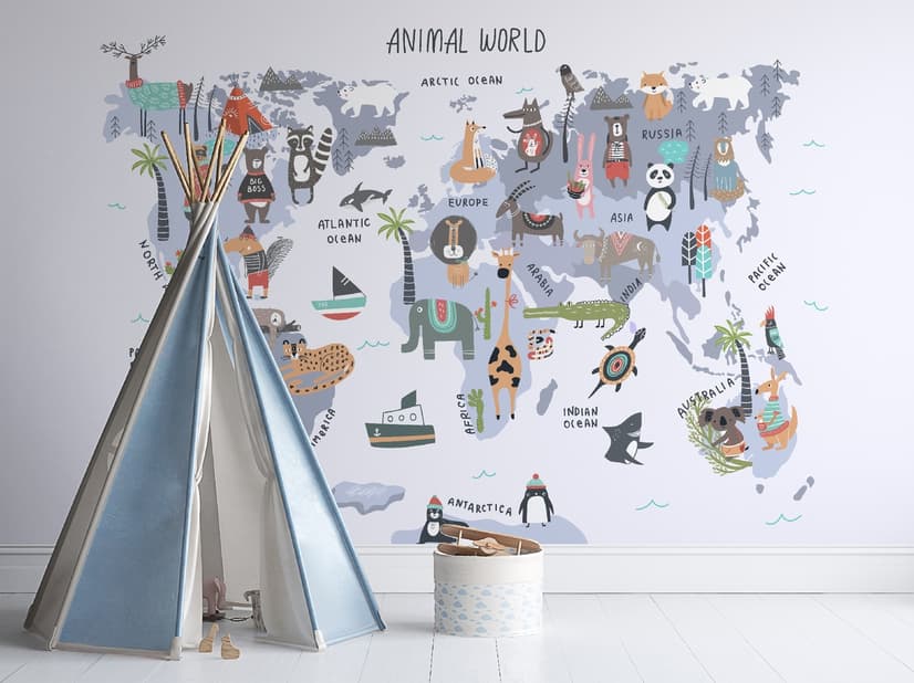 World Map with Cartoon Animals  Kids Wallpaper Mural