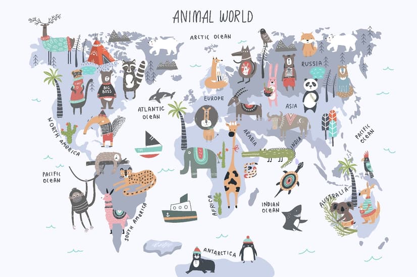 World Map with Cartoon Animals  Kids Wallpaper Mural