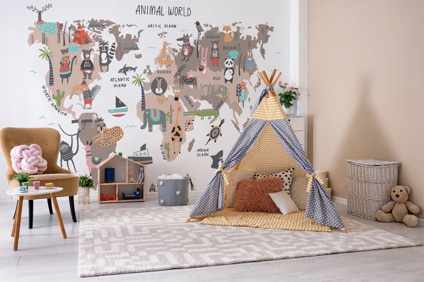 World Map with Cartoon Animals  Kids Wallpaper Mural