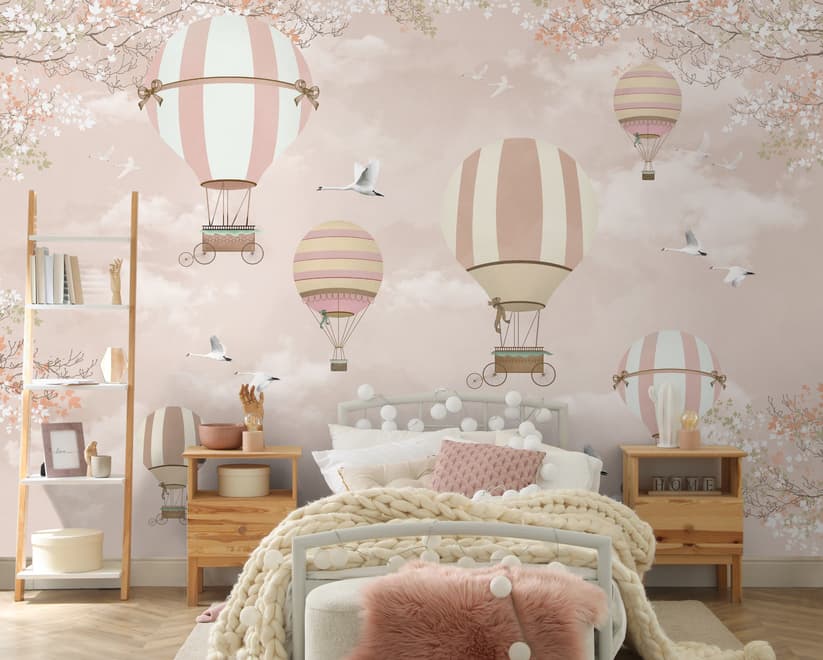 Kinder Fototapete: Rosa Heißluftballon und Kirschblüten