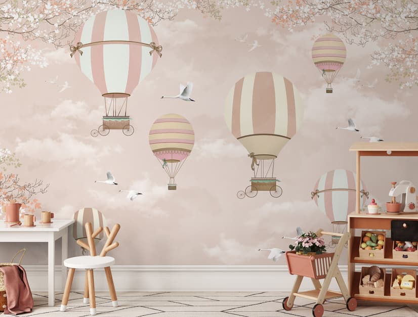 Kids Pink Hot Air Balloon and Cherry Blossom Wallpaper Mural