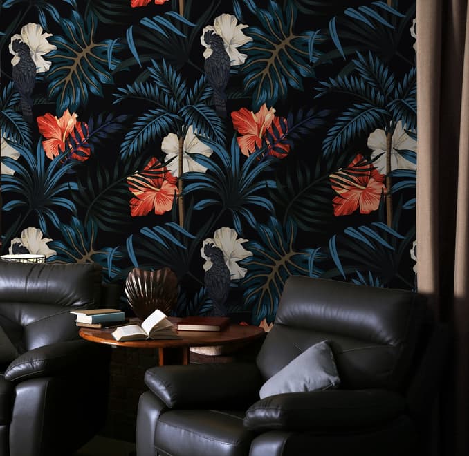 Exotic Leaves with Birds Wallpaper Mural