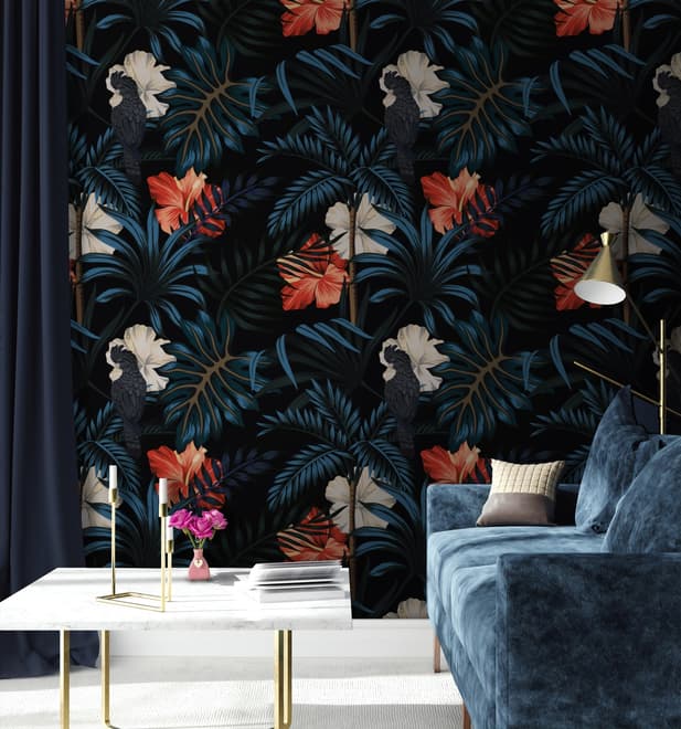 Exotic Leaves with Birds Wallpaper Mural