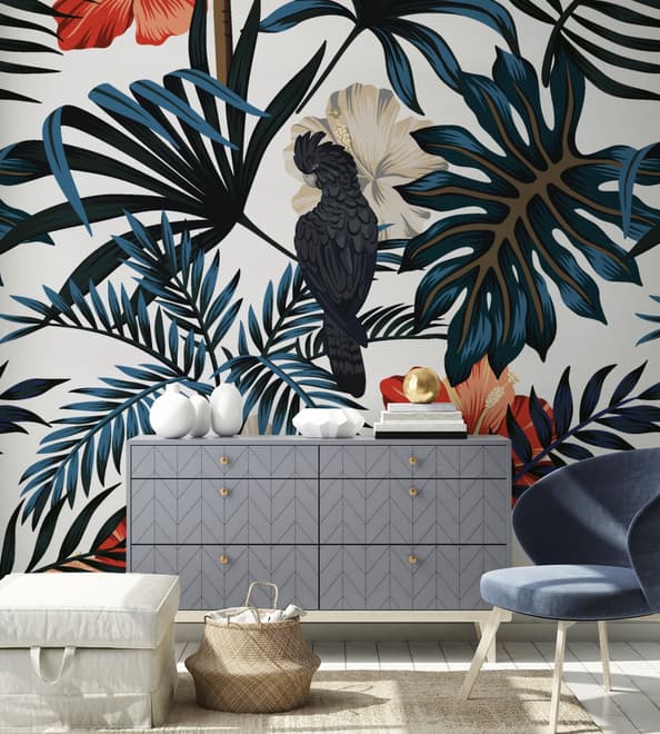Exotic Leaves with Birds Wallpaper Mural
