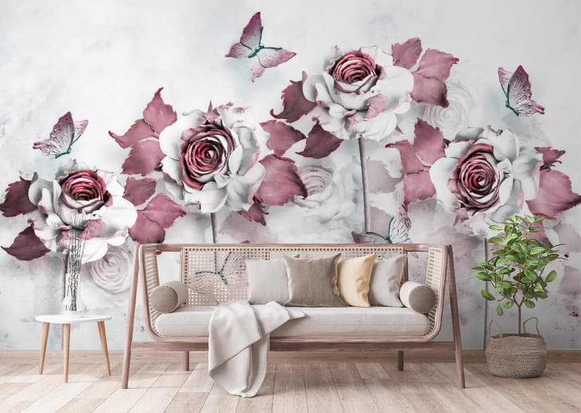 Elegant Floral with Little Butterfly Wallpaper Mural